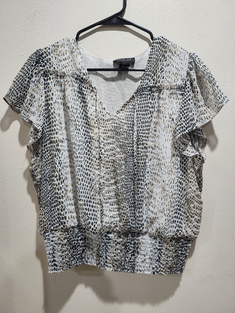 Rachel Zoe Black, White and Cream Printed Flutter Sleeve Blouse